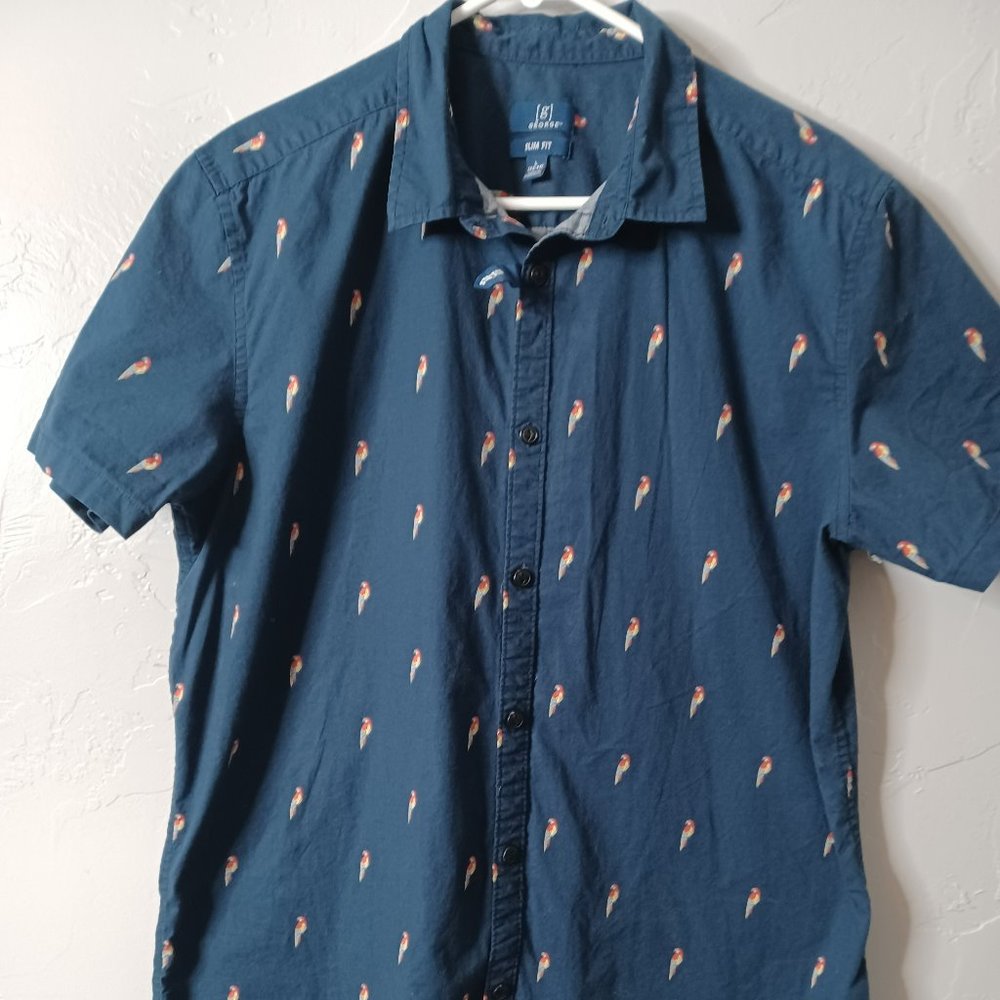 George Mens Slim Fit Short Sleeve Parrot Print Button Down Shirt Navy Blue L